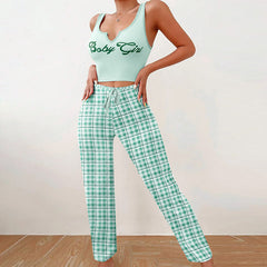 Spring Summer Women's Casual Pajamas Home Wear Vest Color Matching Plaid Trousers Letter Print Top Ladies 2 Pcs Home Clothes Sleepwear