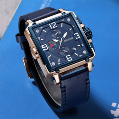 Men's Luminous Waterproof Square Multi-function Chronograph Calendar Leather Watch